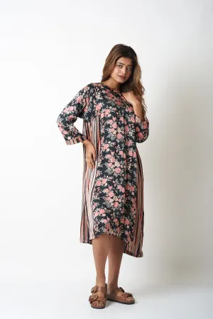 STRIPES AND FLORAL DRESS - BLACK