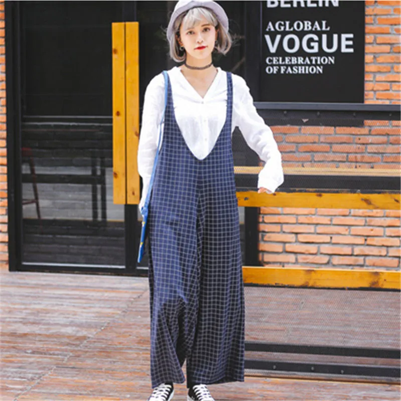 SUDB England Design Jumpsuit Fashion Preppy Style Bib Pants Casual Loose Wide Leg Pants Wild Pants Plaid Striped Romper Playsuit