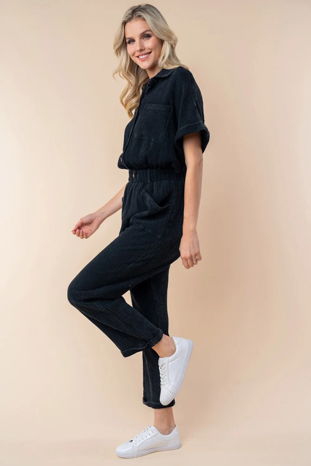 Tally Texture Short Sleeve Jumpsuit