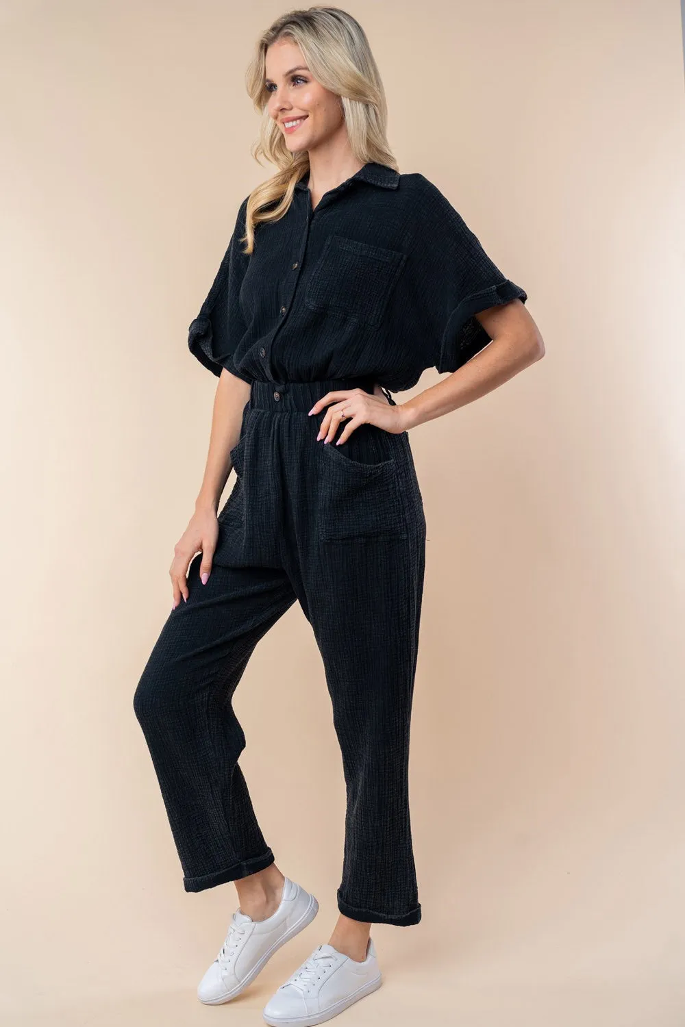 Tally Texture Short Sleeve Jumpsuit
