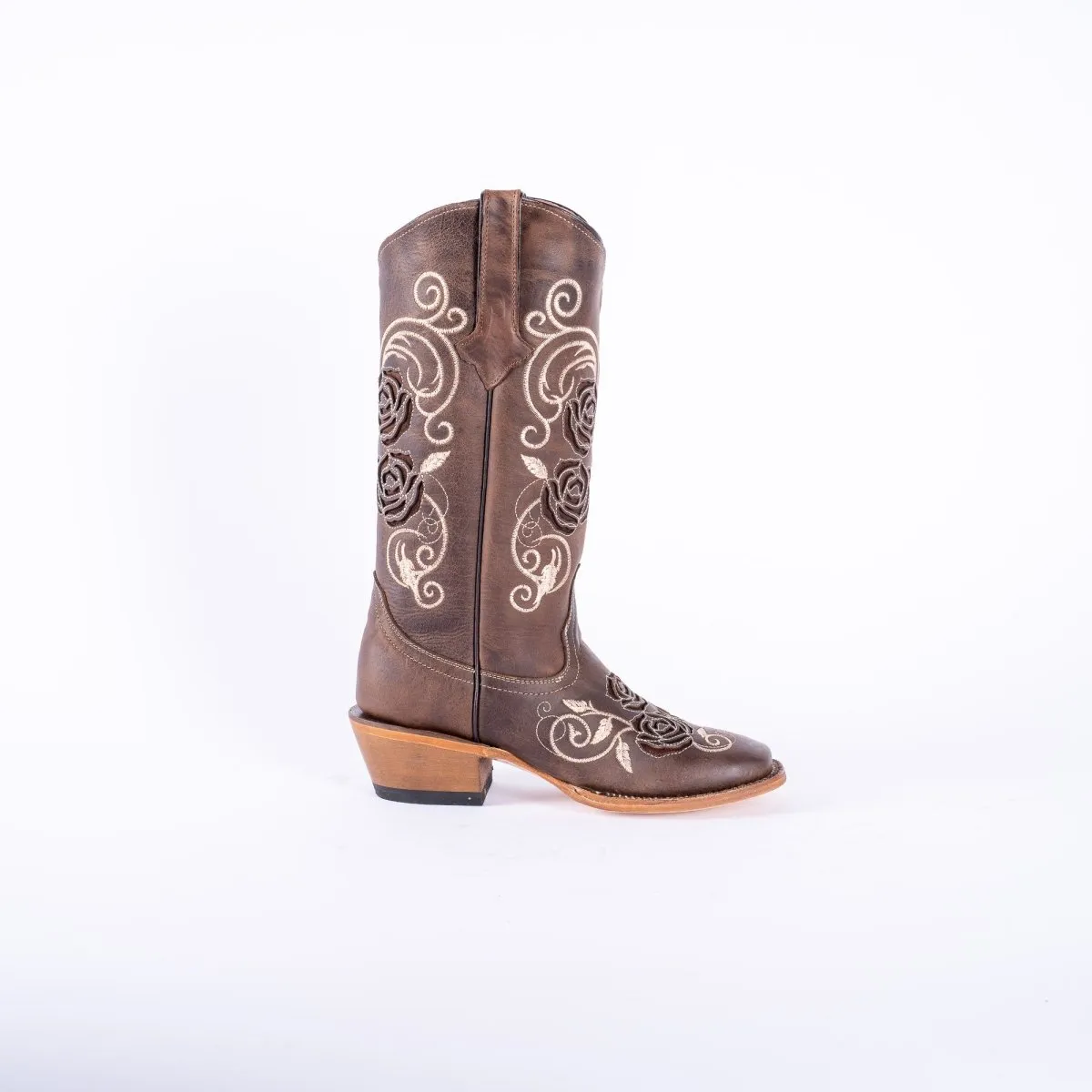 TANNER MARK WOMEN’S Nobuck Choco Cowgirl Boots With Triple Rose Inlay Top
