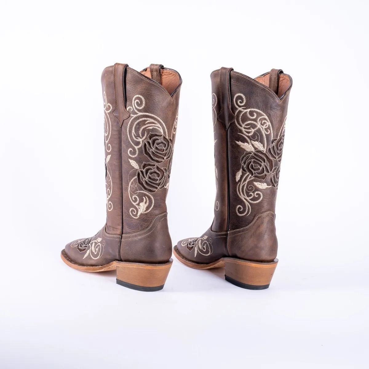 TANNER MARK WOMEN’S Nobuck Choco Cowgirl Boots With Triple Rose Inlay Top