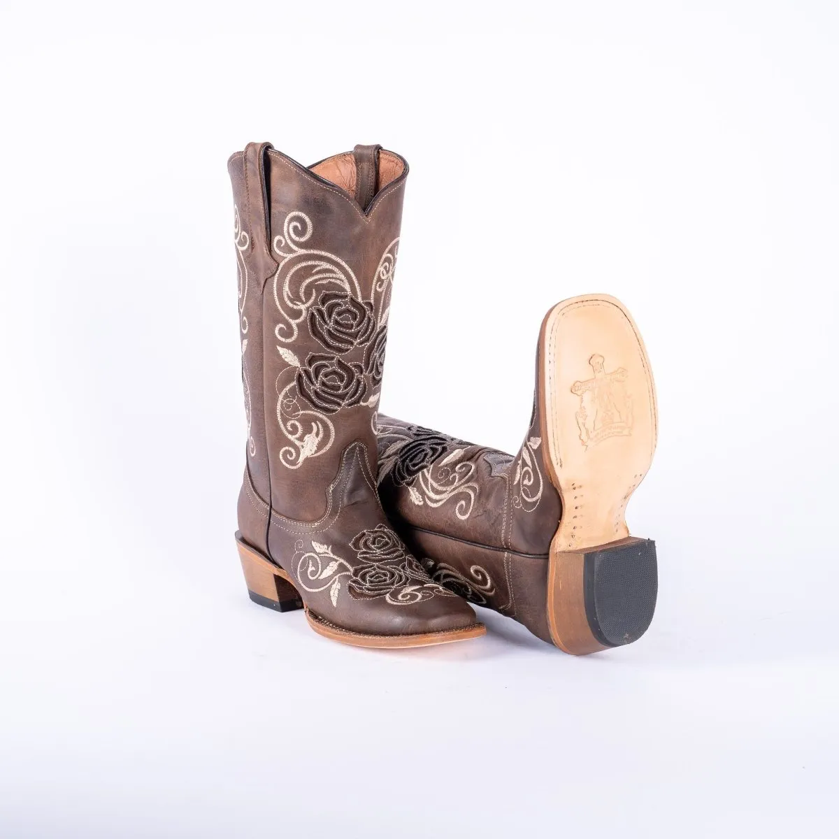 TANNER MARK WOMEN’S Nobuck Choco Cowgirl Boots With Triple Rose Inlay Top