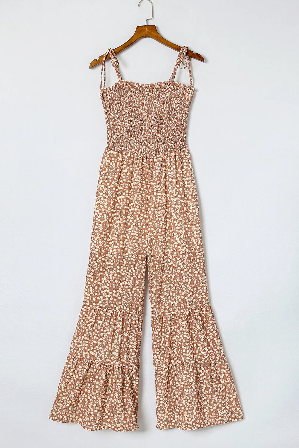 Thin Straps Smocked Bodice Wide Leg Floral Jumpsuit
