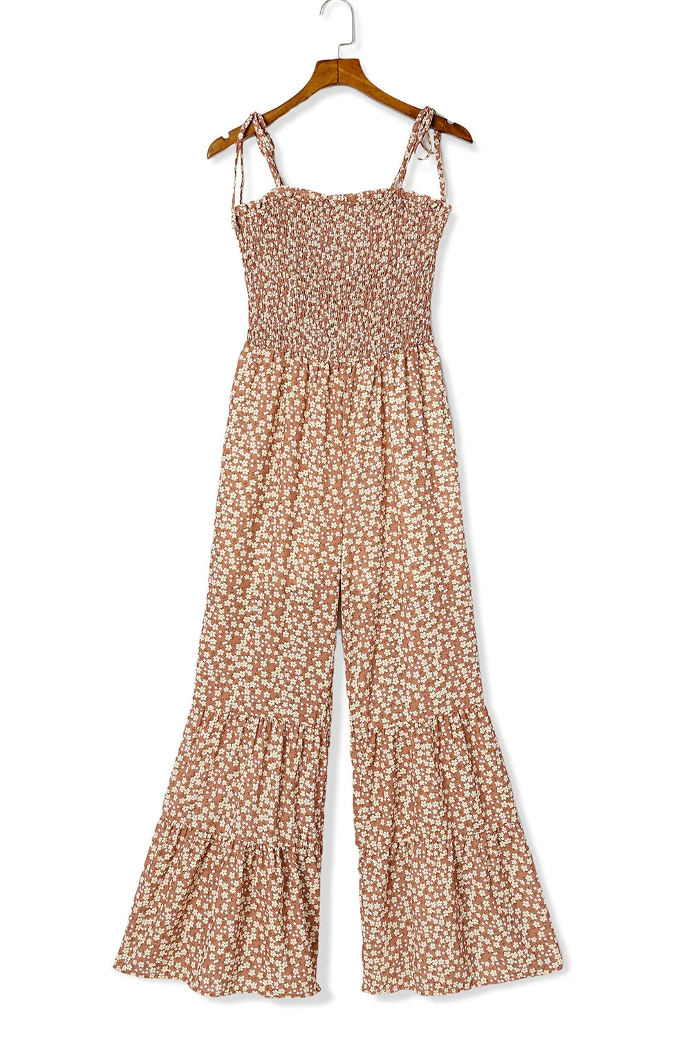 Thin Straps Smocked Bodice Wide Leg Floral Jumpsuit