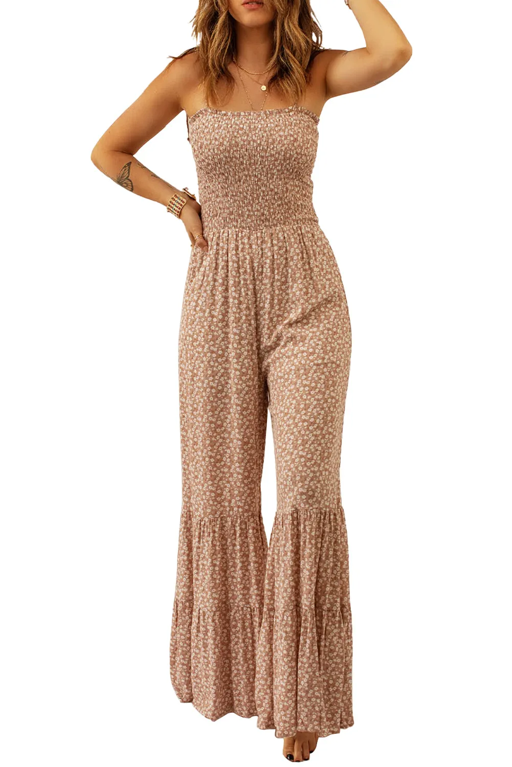 Thin Straps Smocked Bodice Wide Leg Floral Jumpsuit