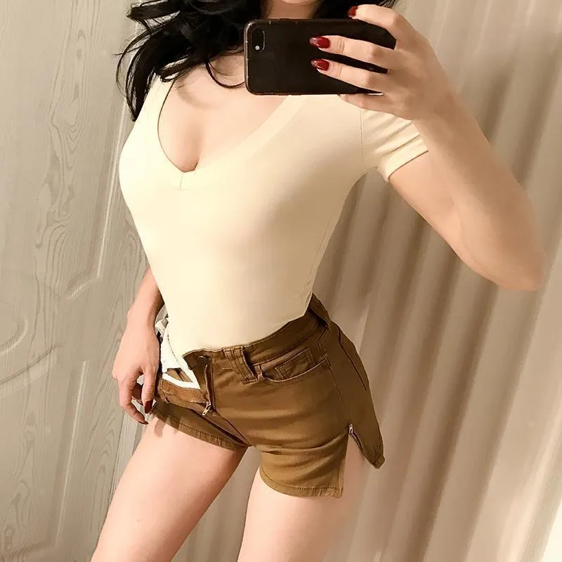 V-Neck Bodysuit  Women Jumpsuit  Short Sleeved