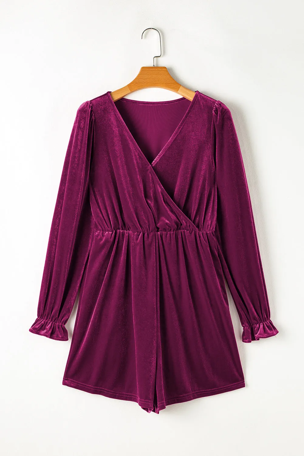 Velvet Surplice Neck Ruffled Sleeve Romper