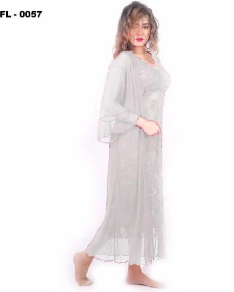 White 2Pc Net Nighty Flourish  - FL-0057