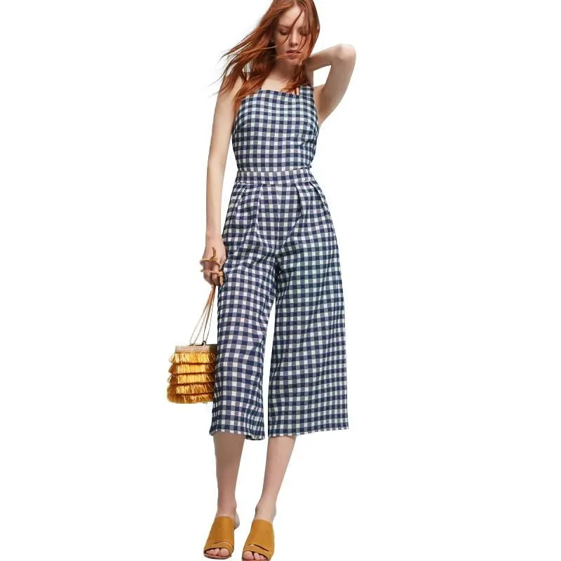 White Blue Plaid Backless Preppy Style Rompers