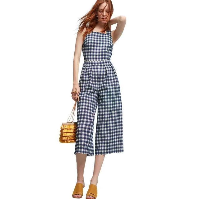 White Blue Plaid Backless Preppy Style Rompers