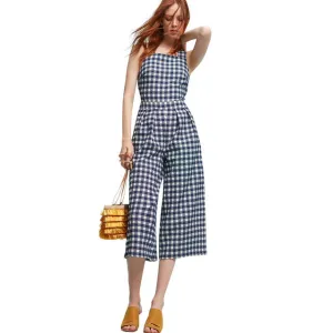 White Blue Plaid Backless Preppy Style Rompers