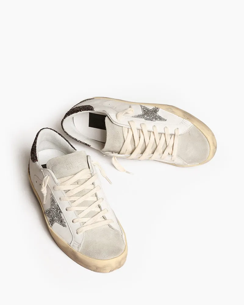 White Leather Sneakers with Silver Star and Brown Glitter Heel Tab
