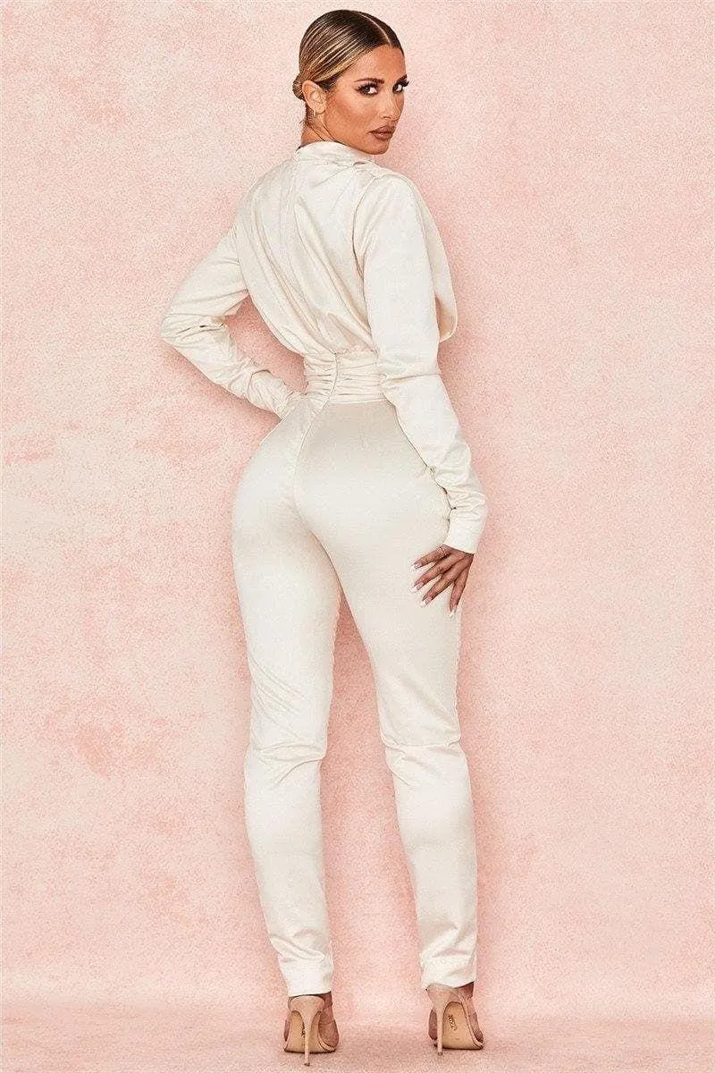 white satin pleated waist slim slimming jumpsuit
