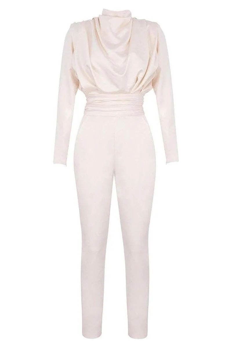 white satin pleated waist slim slimming jumpsuit