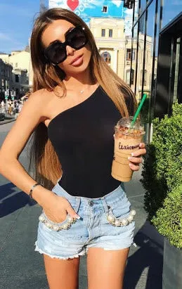 Women One Shoulder Neckline bodysuit