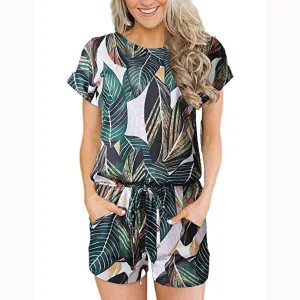Women short jumpsuit summer romper loose plus size playsuit leaf print high waist Ladies short sleeve O-neck casual jumpsuit