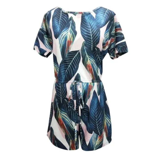 Women short jumpsuit summer romper loose plus size playsuit leaf print high waist Ladies short sleeve O-neck casual jumpsuit