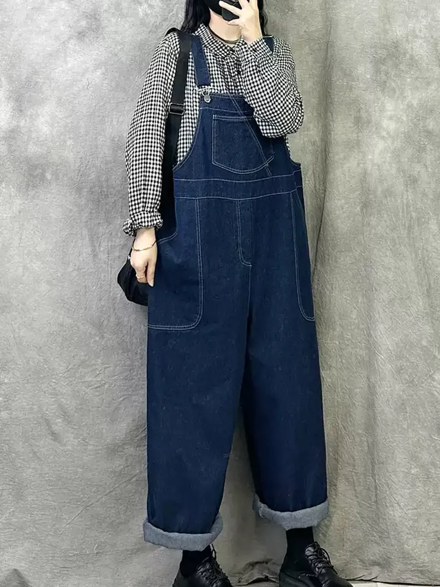 Women Spring Retro Pure Color Denim Jumpsuits