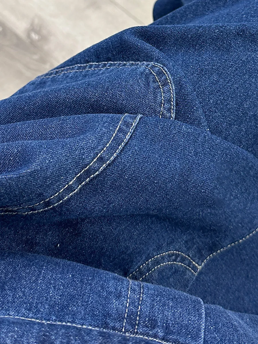 Women Spring Retro Pure Color Denim Jumpsuits