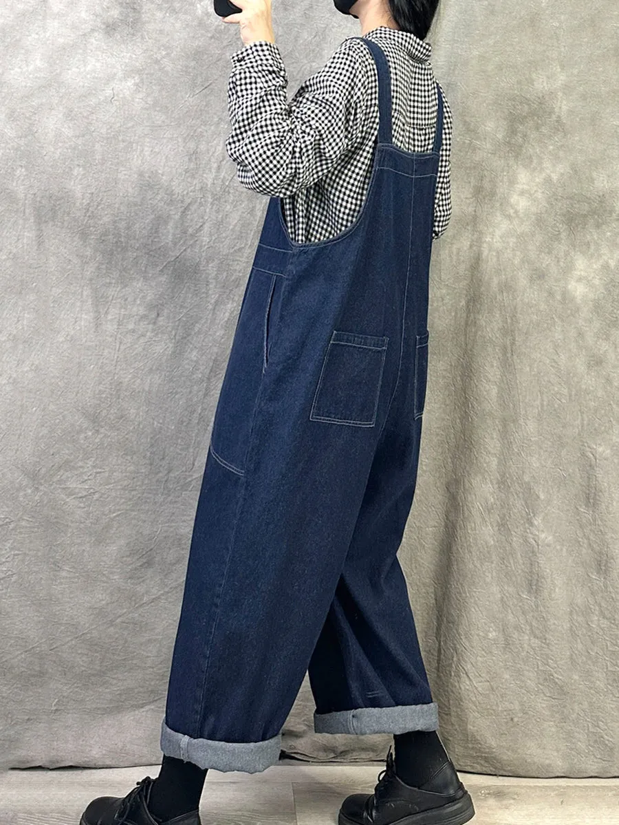 Women Spring Retro Pure Color Denim Jumpsuits