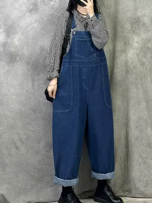 Women Spring Retro Pure Color Denim Jumpsuits