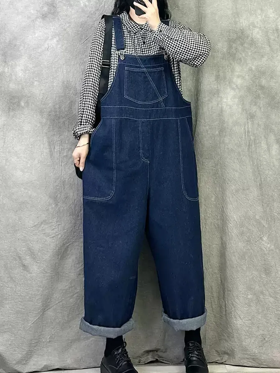 Women Spring Retro Pure Color Denim Jumpsuits