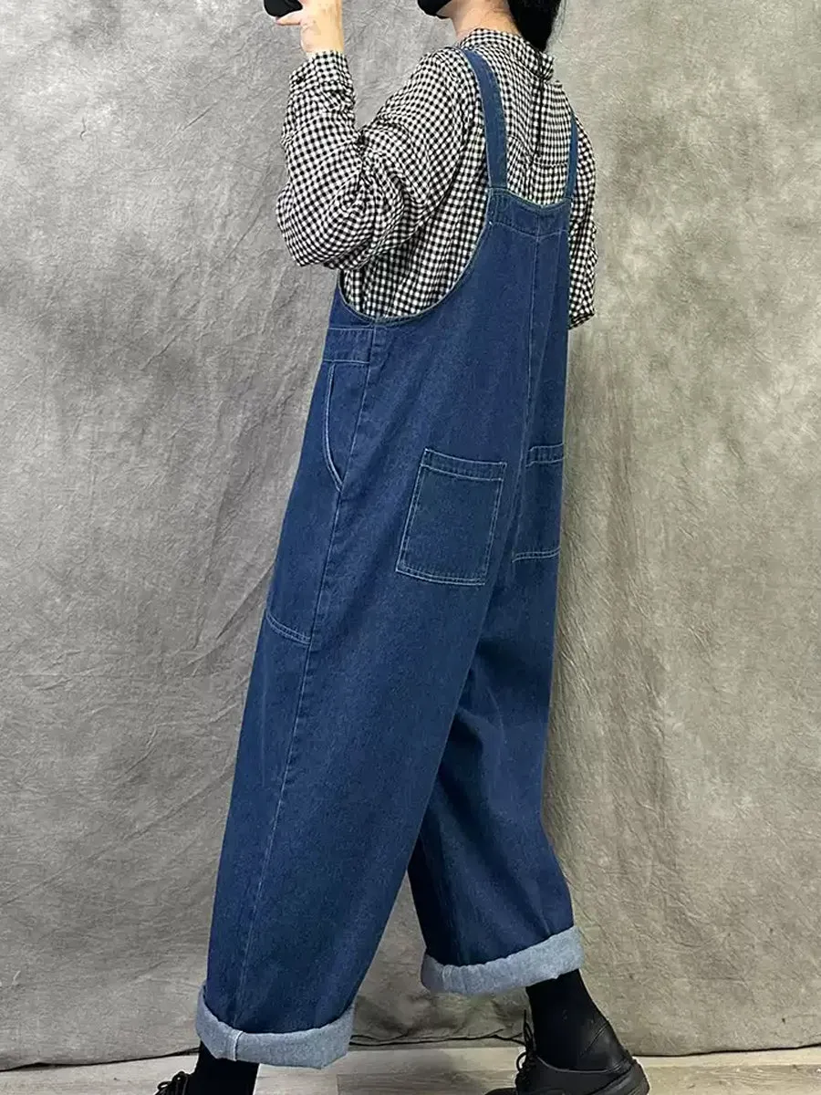 Women Spring Retro Pure Color Denim Jumpsuits