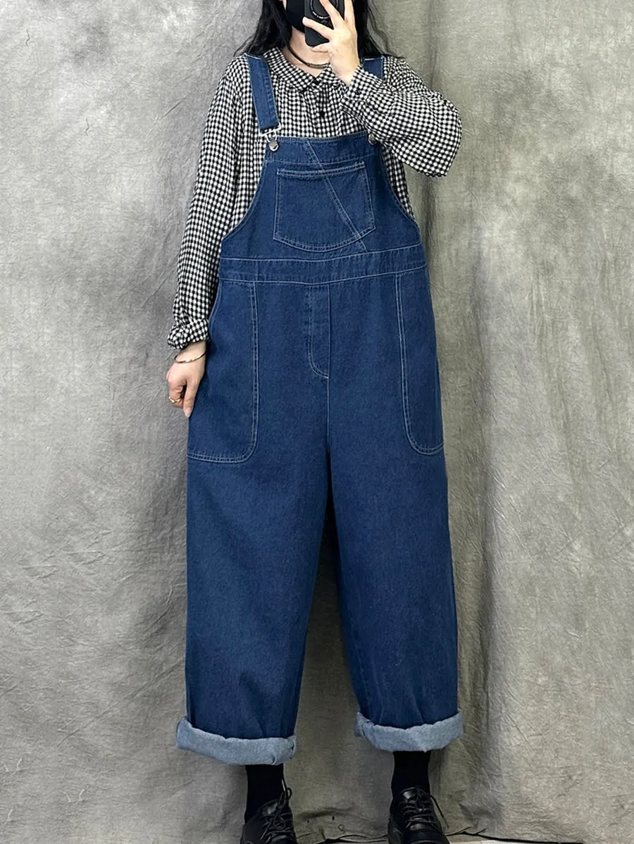 Women Spring Retro Pure Color Denim Jumpsuits
