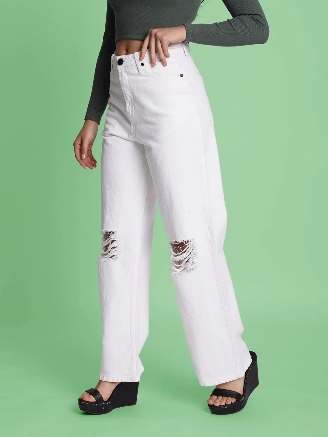 Women White Knee-Slash Relax Fit Jeans