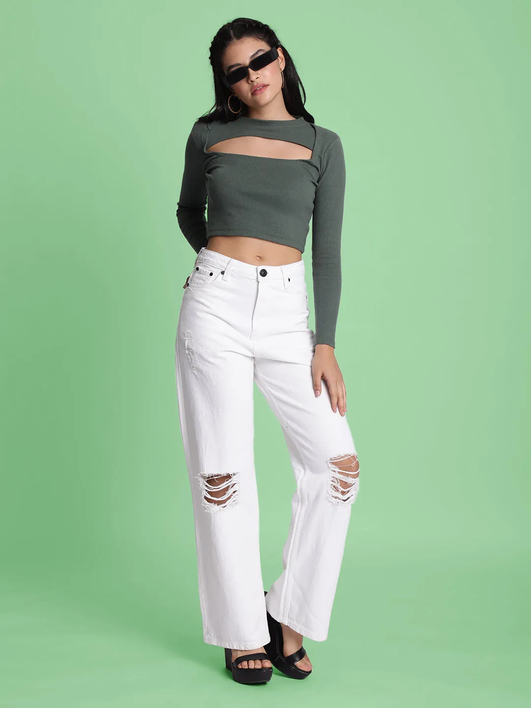 Women White Knee-Slash Relax Fit Jeans
