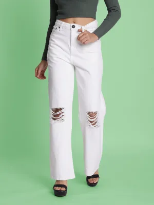 Women White Knee-Slash Relax Fit Jeans