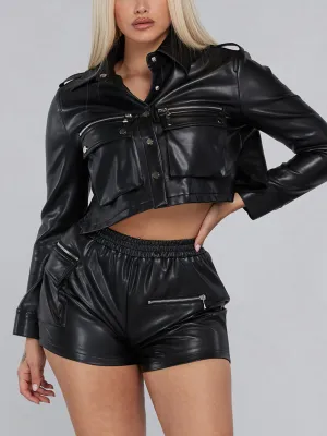 WOMEN'S 2PC. LONG SLEEVE TOP & SHORTS PU PLEATHER SET