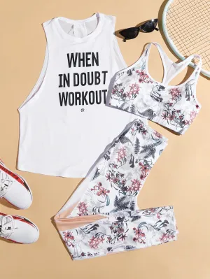 Women's 3pcs Slogan & Floral Print Workout Gym Set Racerback Bra & Tank & Yoga Leggings