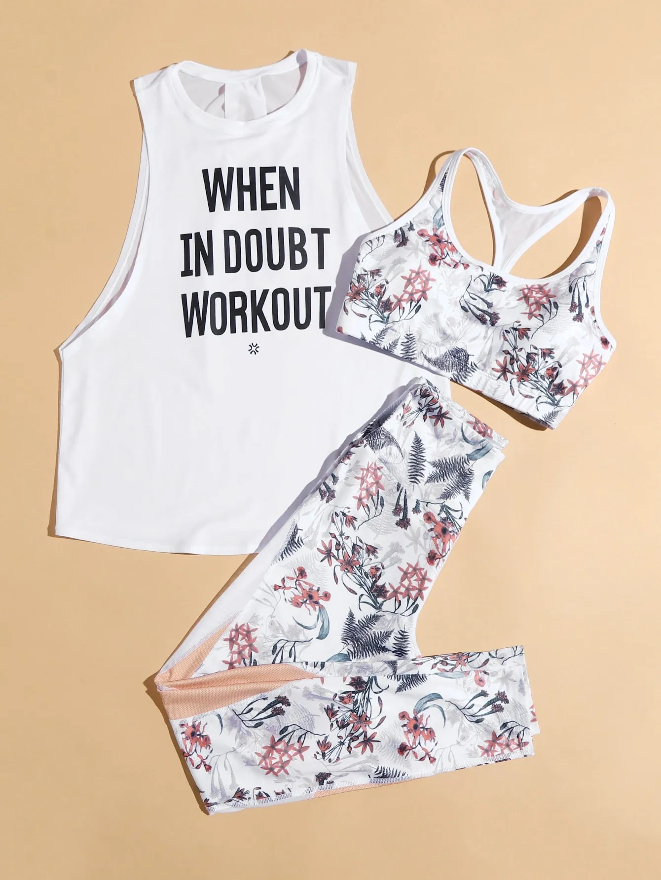 Women's 3pcs Slogan & Floral Print Workout Gym Set Racerback Bra & Tank & Yoga Leggings