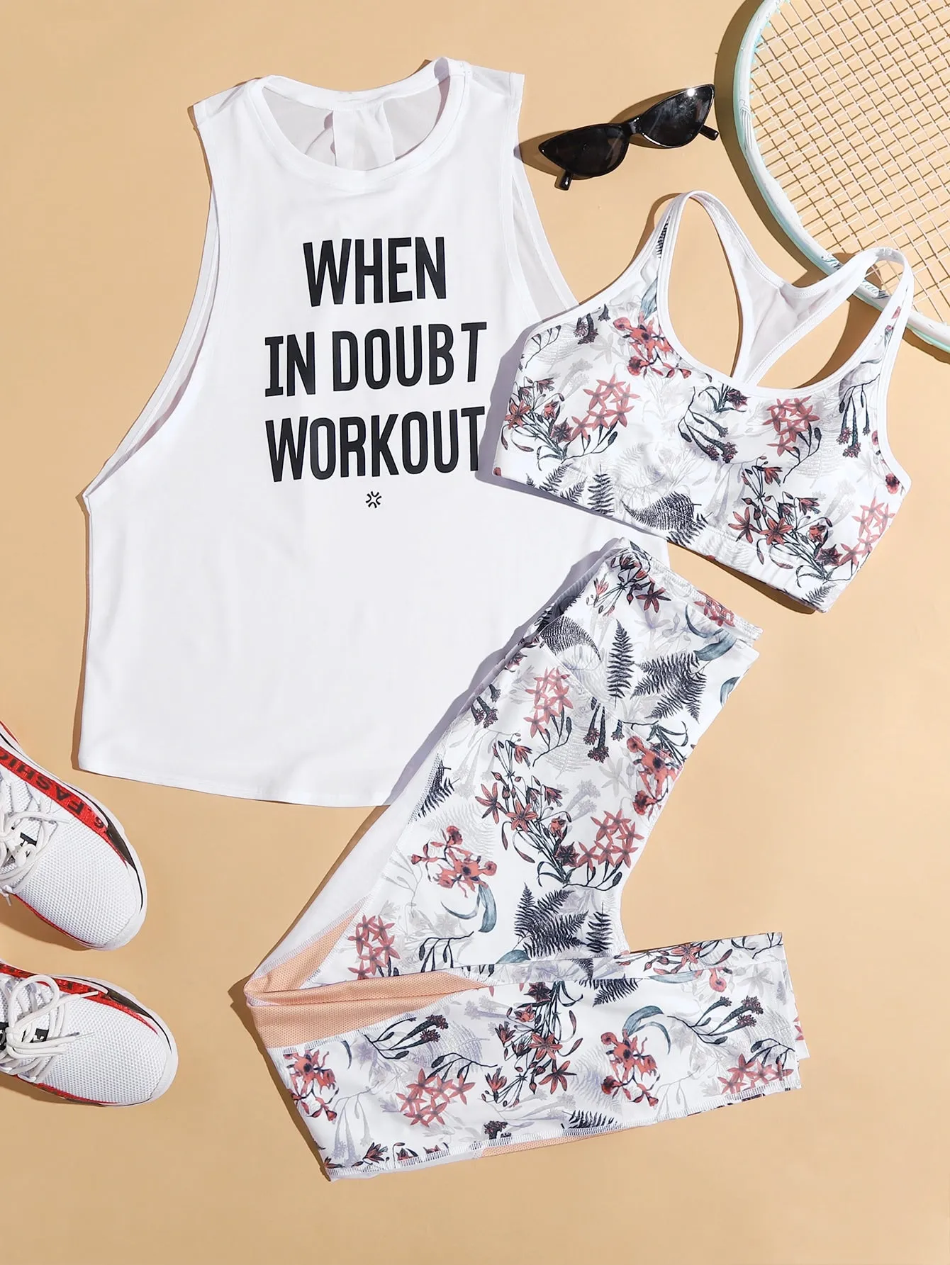 Women's 3pcs Slogan & Floral Print Workout Gym Set Racerback Bra & Tank & Yoga Leggings