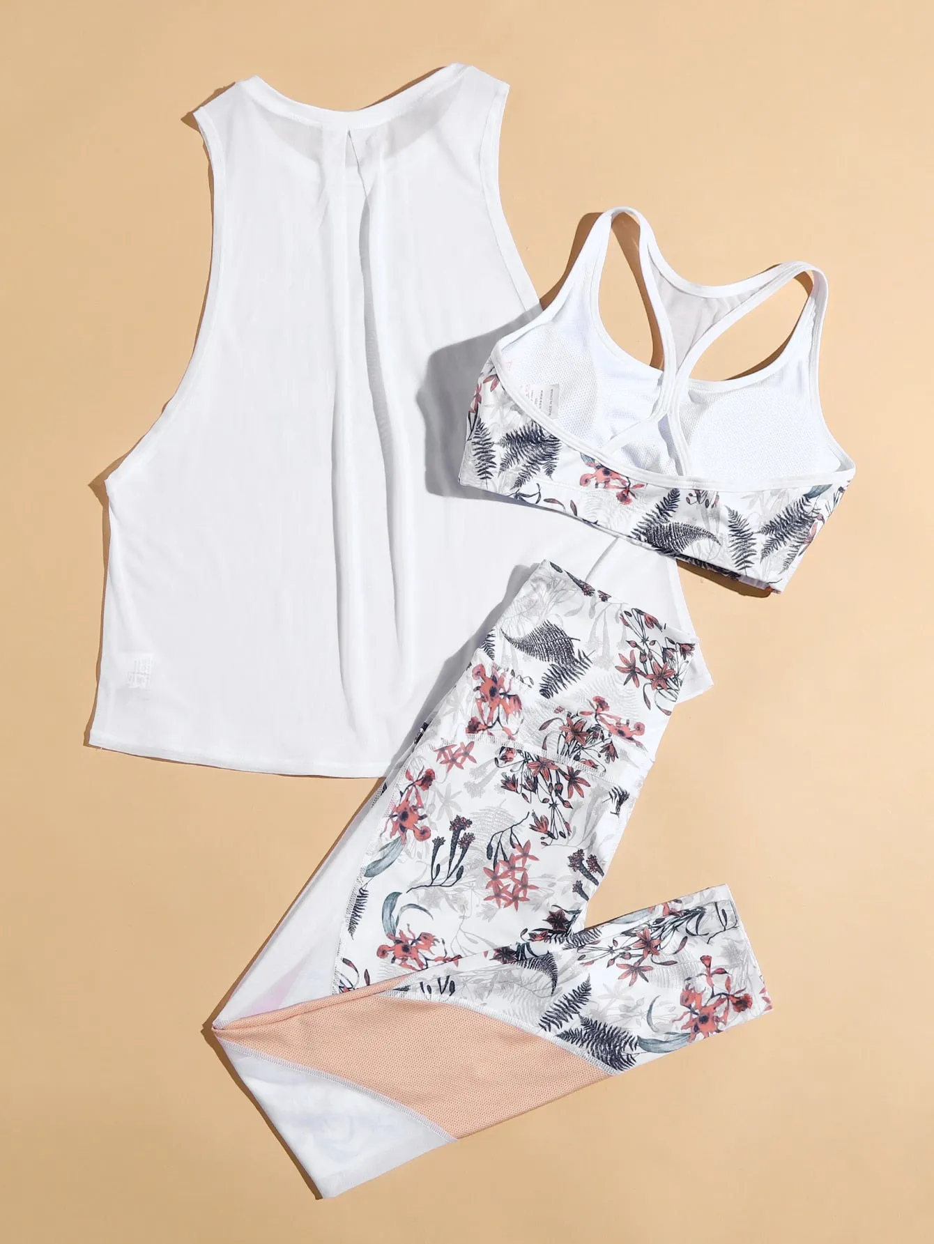 Women's 3pcs Slogan & Floral Print Workout Gym Set Racerback Bra & Tank & Yoga Leggings