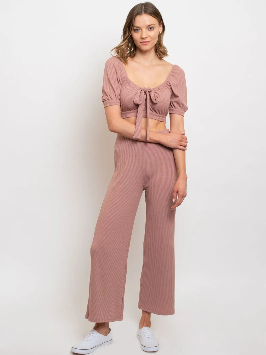 WOMEN'S CROP TOP TIE FRONT PANT SET