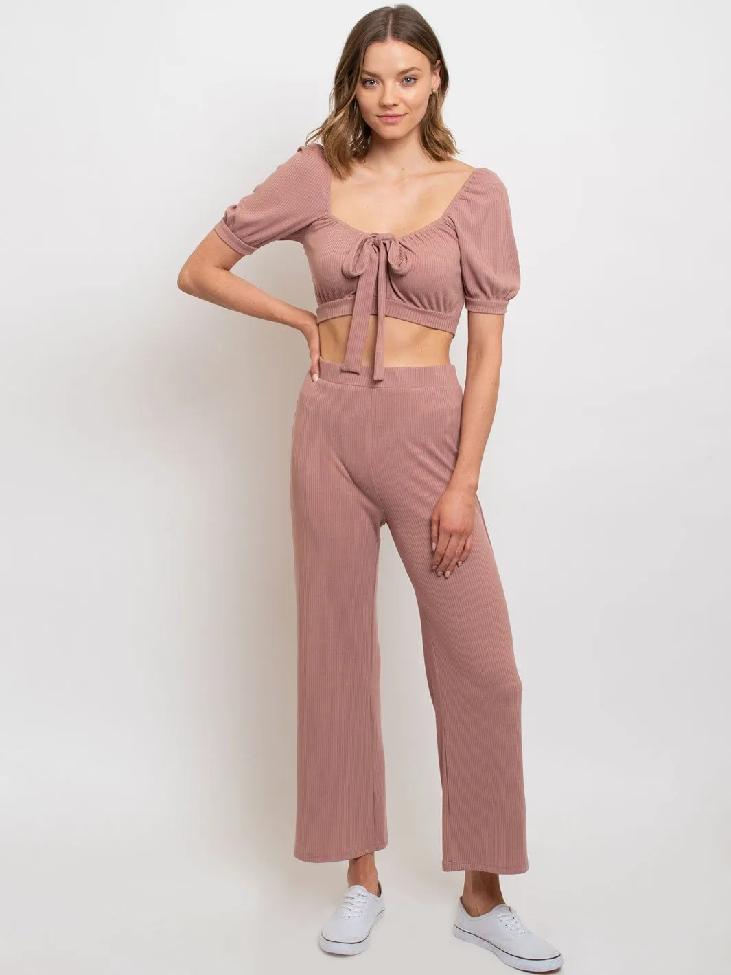 WOMEN'S CROP TOP TIE FRONT PANT SET