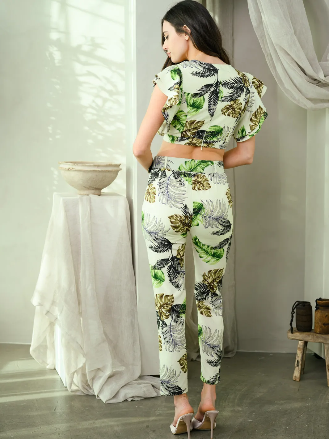 WOMEN'S LEAF PRINT 2PC PANTS SET