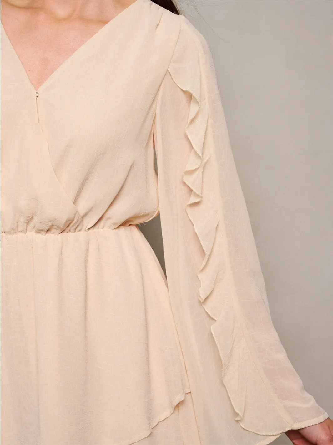WOMEN'S LONG RUFFLE SLEEVE SURPLICE ELASTIC WAIST ROMPER