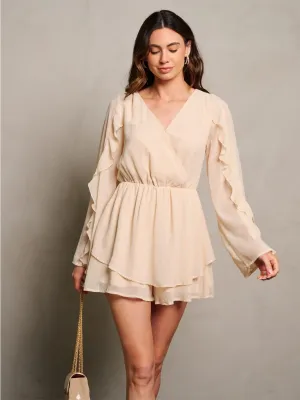 WOMEN'S LONG RUFFLE SLEEVE SURPLICE ELASTIC WAIST ROMPER