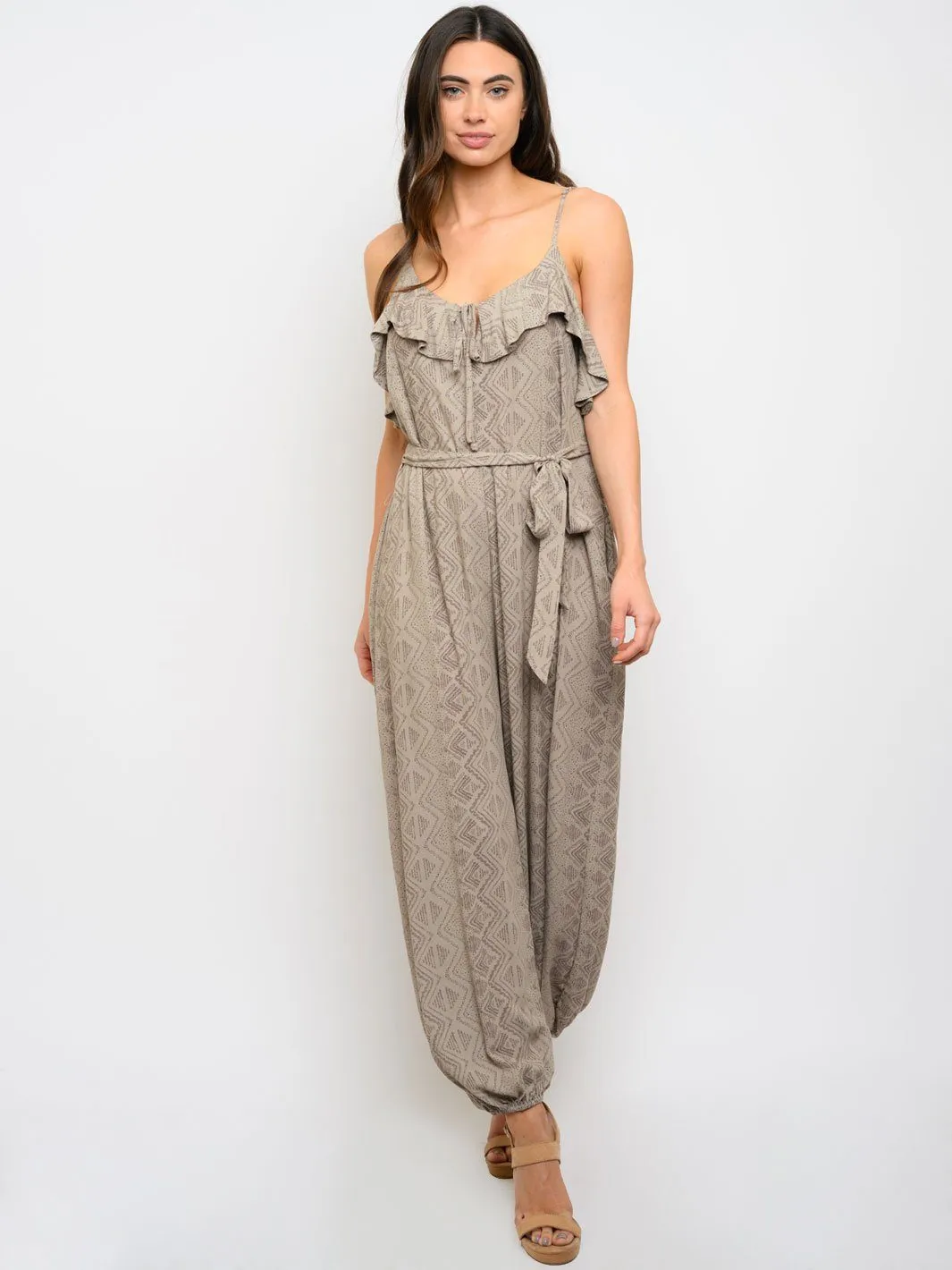 WOMEN'S MULTI PRINT RUFFLE JUMPSUIT
