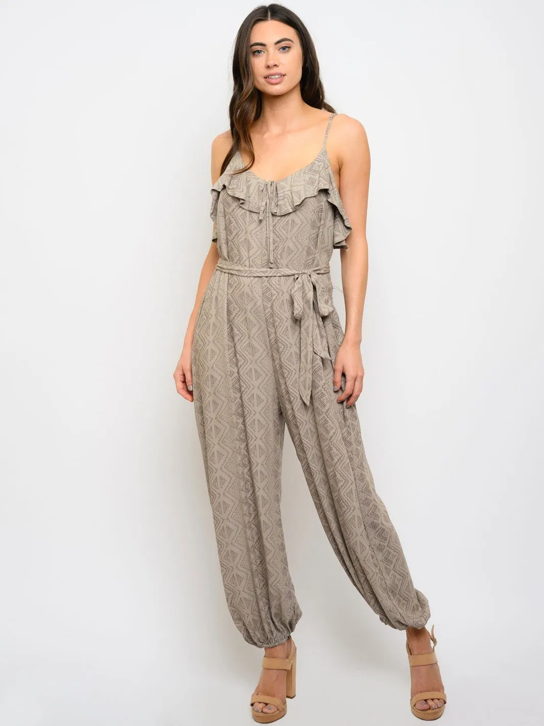 WOMEN'S MULTI PRINT RUFFLE JUMPSUIT