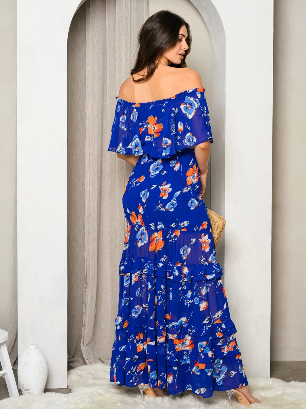 WOMEN'S OFF SHOULDER CROP TOP & MAXI SKIRT RUFFLE FLORAL SET