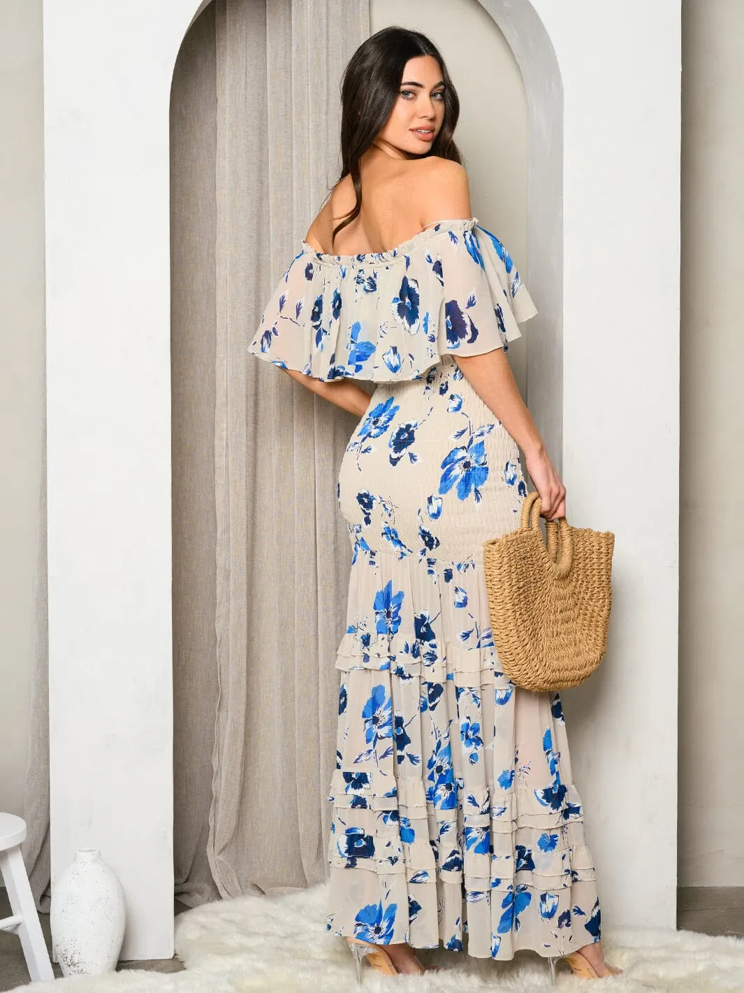 WOMEN'S OFF SHOULDER CROP TOP & MAXI SKIRT RUFFLE FLORAL SET