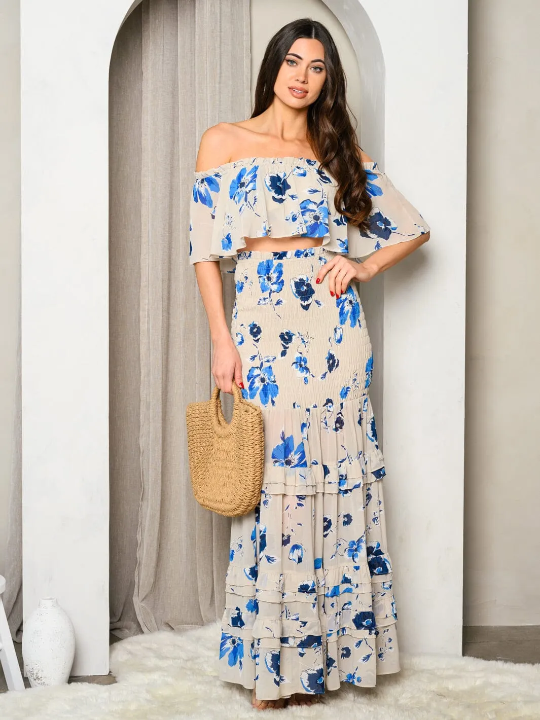 WOMEN'S OFF SHOULDER CROP TOP & MAXI SKIRT RUFFLE FLORAL SET