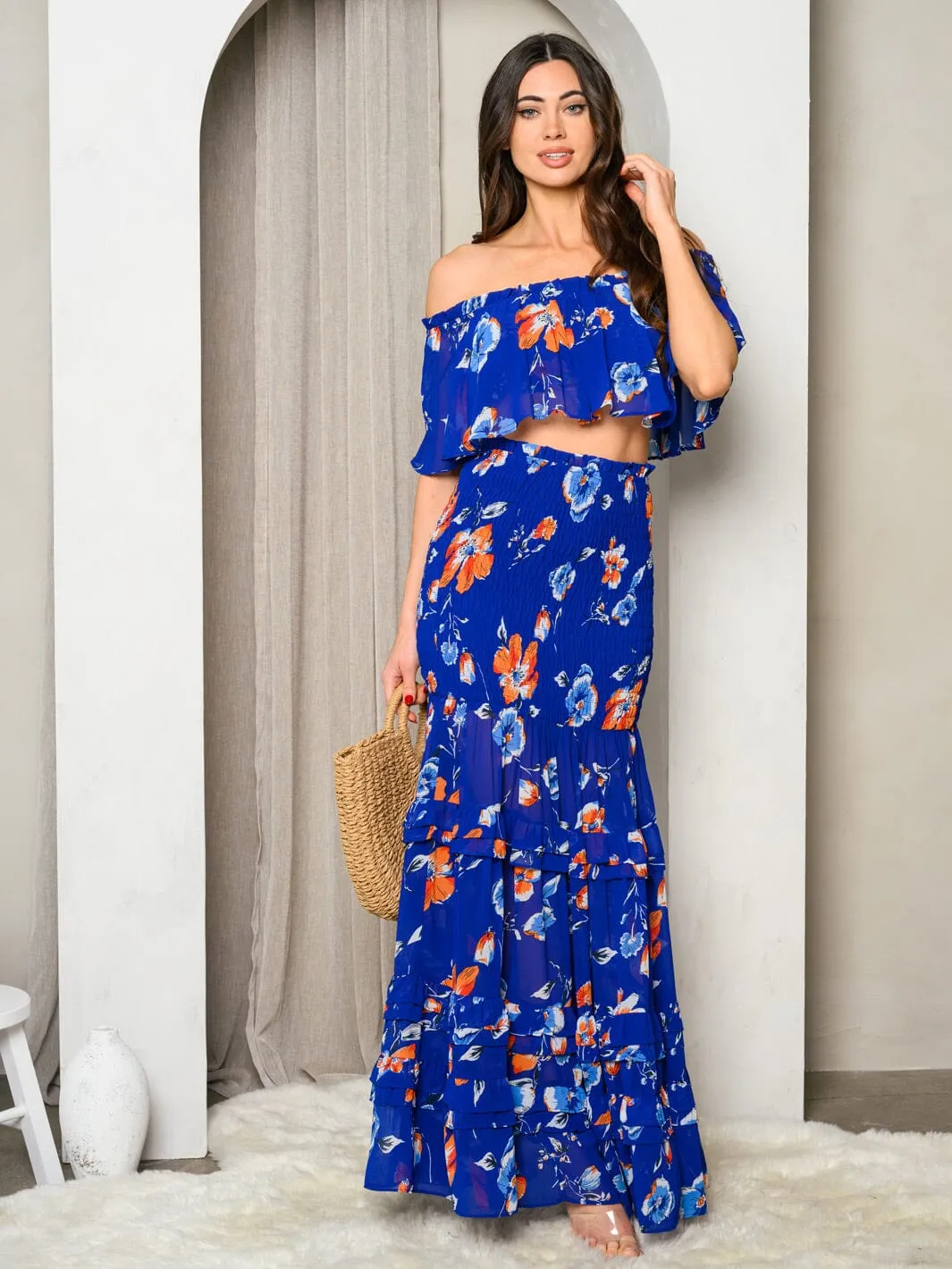 WOMEN'S OFF SHOULDER CROP TOP & MAXI SKIRT RUFFLE FLORAL SET