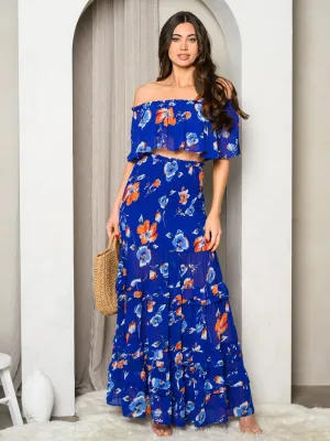 WOMEN'S OFF SHOULDER CROP TOP & MAXI SKIRT RUFFLE FLORAL SET