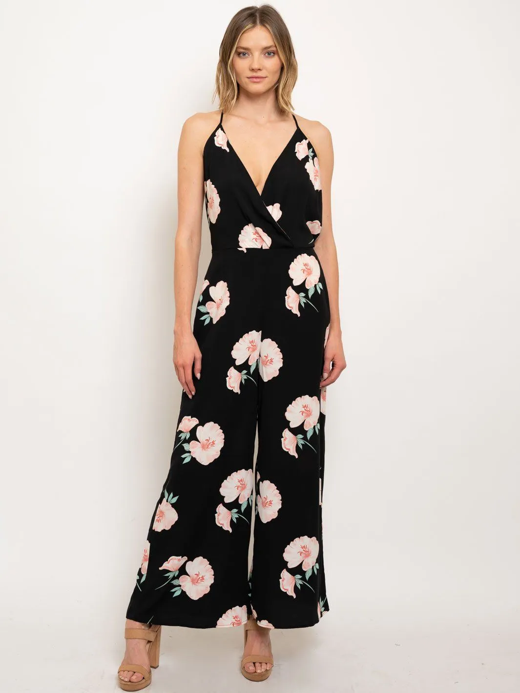 WOMEN'S OPEN BACK V-NECK FLORAL JUMPSUIT